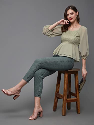 Image of Miss Chase Women's Round Neck Half Sleeves Cotton Lace and Pearl Detailing