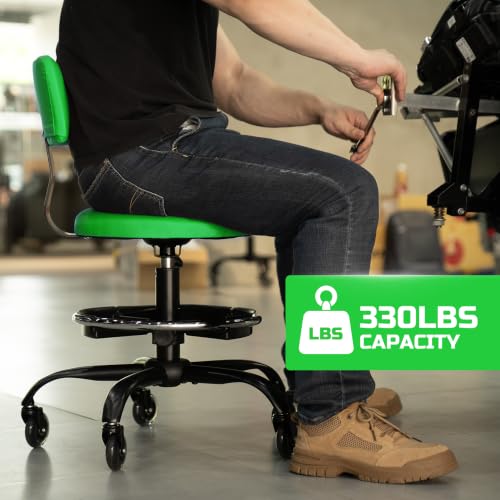 Image of Rolling Shop Stool with Wheels, Garage Stool Chair, Green