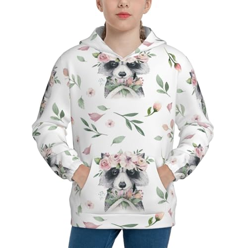 Watercolor Floral with Raccoon Kids Pullover Hoodies Boys Sweatshirts Girls Athletic Clothes with Pocket