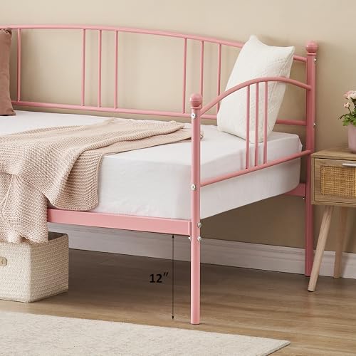 Image of Garvee Twin Daybed with Trundle, Sturdy Metal Day Bed with Arched Headboard and Steel Slat Support, Pullout Trundle with 6 Casters, Sofa Bed for Living Room Bedroom and Guest Room, Pink | Pullout Trundle, Six Smooth Casters, Space-Saving Design, Extra Sleeping Space, Easy Assembly, Pink