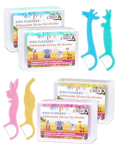 160 palitos de hilo dental para niños, hilo dental para niños, hilo dental para niños, hilo dental con mango adecuado para niños, 4 formas de animales, colores coloridos