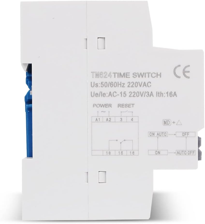 lateral view of the SINOTIMER TM624 showing the wiring diagram and electrical specifications.