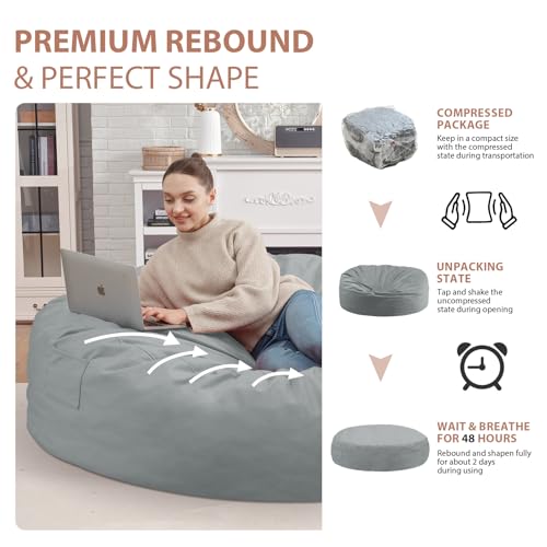 7FT Bean Bag Chair, Large Bean Bag Chairs with Memory Foam Filled, Fluffy Beanbag Sofa with Dutch Velvet Cover, Round BeanBag Chairs for Living Room, Playroom - Light Grey