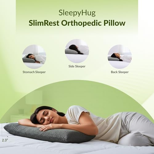 Image of SleepyHug SlimRest Orthopedic Memory Foam Pillow 2.3 Inch Medium Low Loft | Cooling CoolTech Adaptive Foam | Neck Alignment Support for Back & Side Sleepers | 24x14x2.3 Inches, Grey