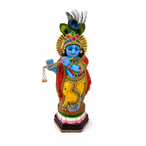 Image of Krishna Statue showpiece for Home Pooja Room Decoration Item | krishna hindu god idol gift items for house warming ceremony living room decor item (polymarble,multicolor,34*13*10 cm)
