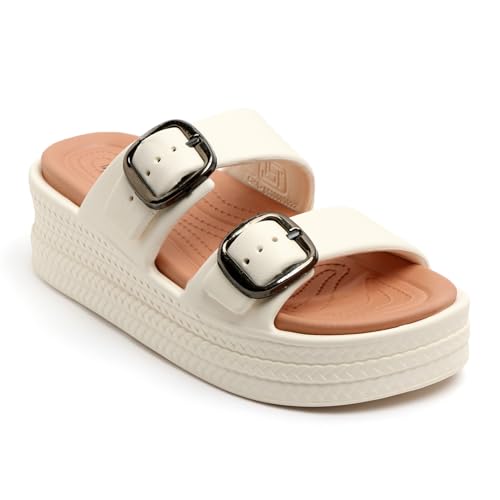 Image of Essence Women Buckle Sandals with Super Soft Insole | Ergonomic Footbed | Lightweight | Platform Heel | Cushioned Sole | Suggested by Doctors I Latest, Stylish and Trendy Slip-Ons for Girls and Ladies