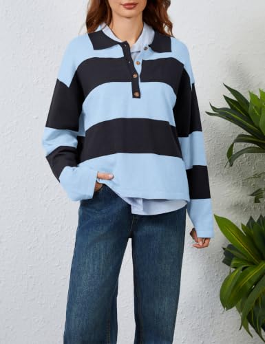 Image of Womens Striped Sweater Rugby Polo Shirts Y2k Collar Pullover Tops