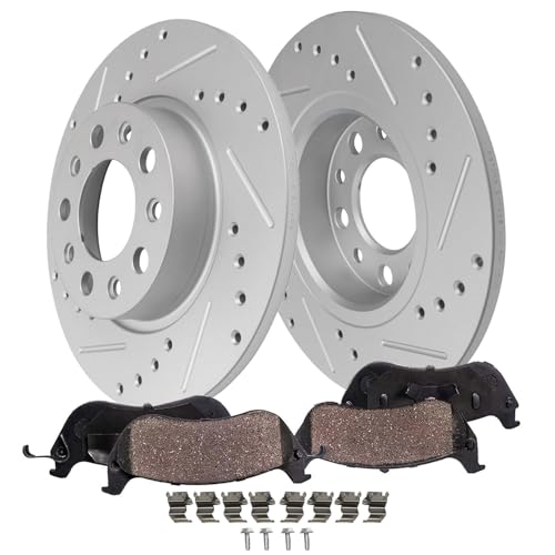 Image of Detroit Axle - Rear Brake Kit for Jeep Compass Renegade Fiat 500X Dodge Hornet Drilled and Slotted Disc Brake Rotors Ceramic Brakes Pads 2017 2018 2019 2020 2021 Replacement : 10.94 inch inch Rotor