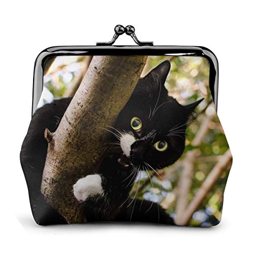 がま口 財布 小銭入れ 黒い子猫 木 化粧ポーチ コインケース 収納バッグ ミニポーチ 革 レザー 大容量 柔らかい 丸形 便利 軽量 小物入れ