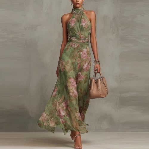 Womens Fall Boho Dresses Halter Flowy Floral Wedding Guest Maxi Dress Green - image 2