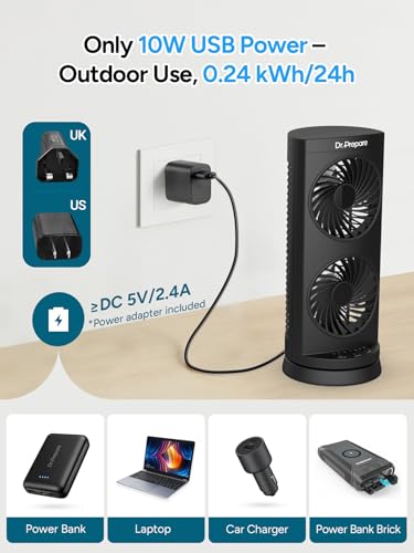 Image of DR.PREPARE Desk Fan USB DC Tower Cooling Fan with Remote Control, DC Motor Portable Oscillating Fan, 3 Speeds, Dual Air Circulation, 110 Oscillation, Table Fan for Bedroom Dorm Room Office Desktop