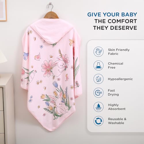 Image of Mee Mee Hooded Baby Bath Towel for New Born | Wash Cloth, Quick Absorbent, Can be Used for Baby Swaddling, Extra Soft Cotton Towels for Kids /Toddlers /Infants /Babies, Pack of 1, (Pink Flowers) 80X80 CM