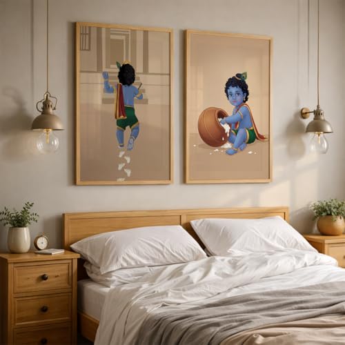 Image of TheMakerly Traditional Indian Wall Painting Set of 2 | Radha Krishna Wall Art Frames | Vintage Religious Wall Decor for Living Room Bedroom Home Temple (KR01, 13x19 inches)