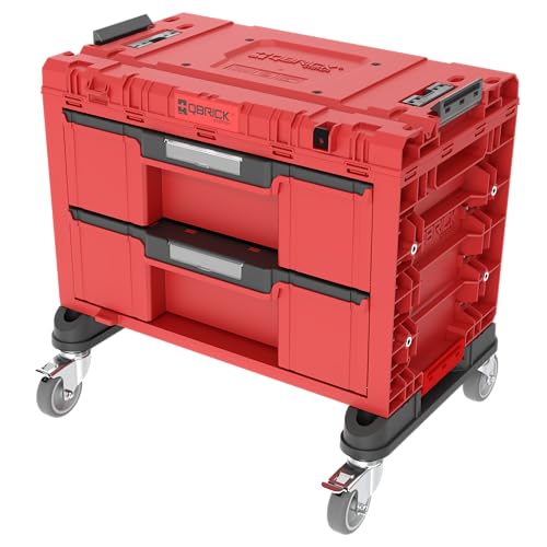 Qbrick System Werkzeugkoffer Sortierbox Leer – 2 Schubladen – Werkzeugkiste – Mobiler Adapter auf Rollen – 542 x 335 x 369 mm – Rot Ultra HD