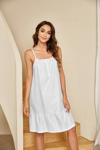 Ekouaer Women's 100% Cotton Lace Nightgown Sleeveless Sleep Dress Victorian Sleepshirt Button Strap Gown3