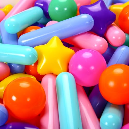 Heopeis Ball Pit Balls Stars Hearts Strip Shapes for Toddlers - 50 150 200 500 Plastic Toy Balls for Boy Girls Ballpit Play Tent Playhouse, Kids Pool Water Toys, Birthday Party Decorations