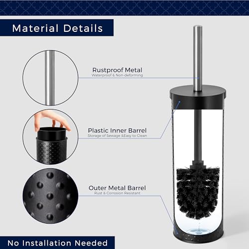 Image of AMG Toilet Brush and Holder, Rustproof Stainless Steel Toilet Bowl Brushes for Bathroom with Inflexible Bristles (Matte Black-Dots)