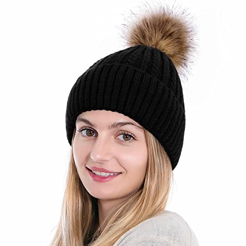 Simplicity Women Beanie Hat Warm Fleece Lined Beanie Womens Pom Pom Beanie Winter Hat for Women Pom Pom Beanie with Pom Womens Beanie, Black Beanie