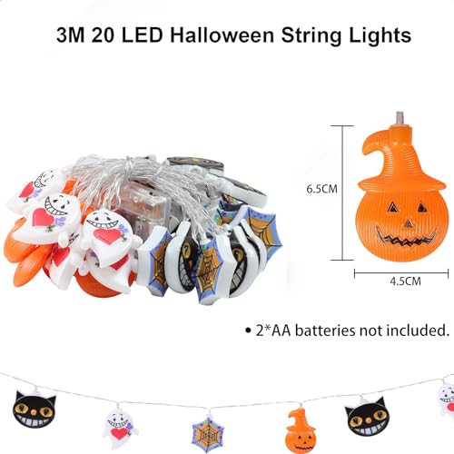 Qillnyy Catena luminosa decorativa per Halloween, 4 m, 20 LED, 4 tipi di luci di Halloween, zucca, spirito, ragnatela, gatto, 2 batterie AA per Halloween, feste, camere