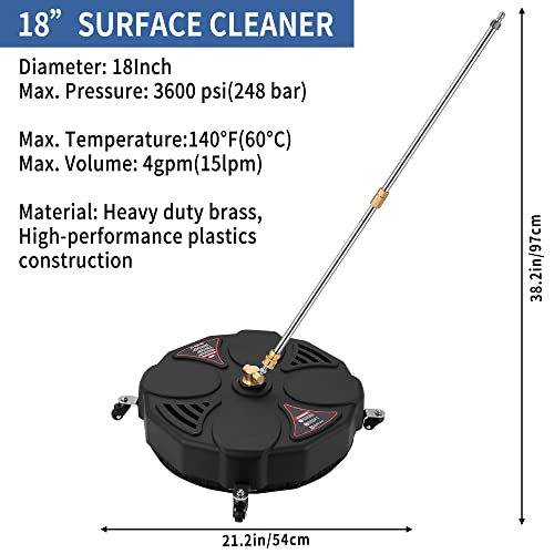 18" Pressure Washer Surface Cleaner - 3600 Psi Power Washer Surface Cleaner Attachment With 1/4" Quick-Connect, 2 Extension Wand For Cleaning Driveway, Sidewalk, Garden, Patio Surface Cleaner #TOP4