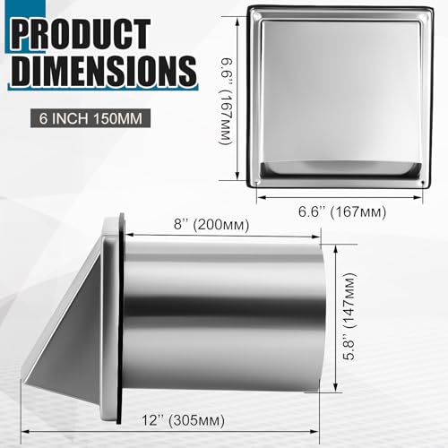Image of Gisafai 6 inch Dryer Vent Cover Outside with Stainless Steel Guard Wall Dryer Exhaust Cap and Removable Extended Pipe Vent Shroud Hood Cushioned Non Return Flap with Sealing Gasket Grille(Silver)