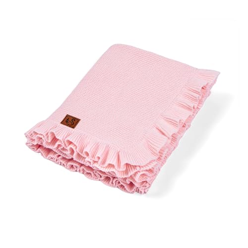 SWaddle AN Ruffle Knit Blanket for Baby - 100% Luxury Soft Cotton Knit Warm Cozy Cuddle Stroller Crib Blanket for Newborns Infants & Toddlers (Pink)