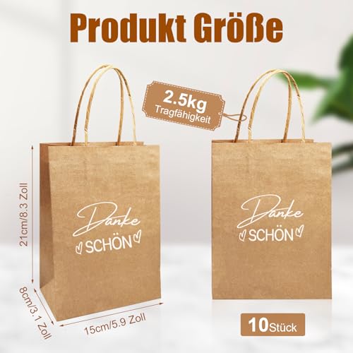 10 Stück Kleine Geschenktüten Danke Schön, 21 x 15 x 8 cm Papiertüten Mit Henkel Kraftpapier, Geschenktüte Danke Doppelseitigen Mustern Gift Bags für Geburtstage, Hochzeiten, Kommunion