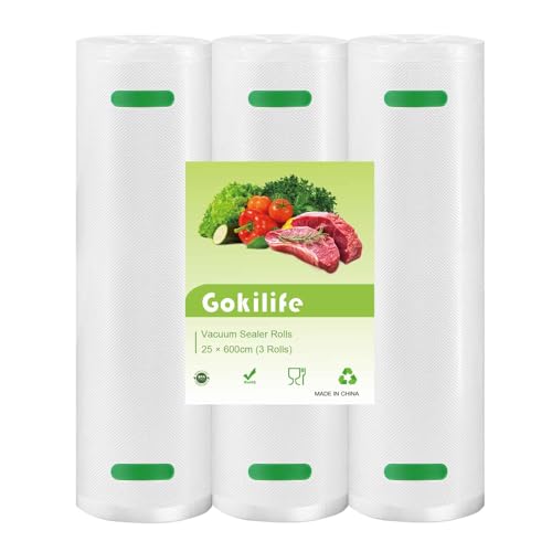 Gokilife Vakuumierbeutel - 3 Rollen 25x600cm Reißfest ca. 450m Vakuumierfolie für alle Vakuumierer & Lebensmittel Vakuumiergerät Profi Folienrollen BPA-frei Kochfest und Sous Vide Gefrierbeutel