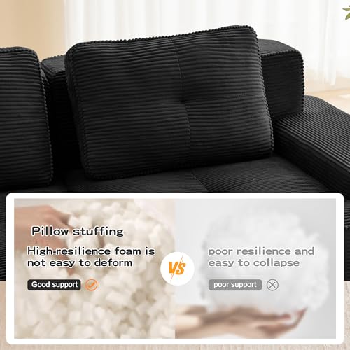 Image of 153 inch L-Shaped 4-Seater Modular Boneless Couch with Ottoman, Soft Corduroy Cloud sectional Sofa, Oversized Deep Seat, No Assembly Anti-Slip Stable Sofa, Black