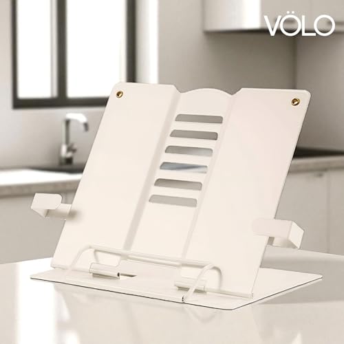 Image of Volo Book Stand Holder - Portable Metal Desktop Adjustable Foldable Cookbook Holder,Recipe Book Holder,Textbook Stand,Music Stand,Book Stands & Holders for Reading (Off-White)