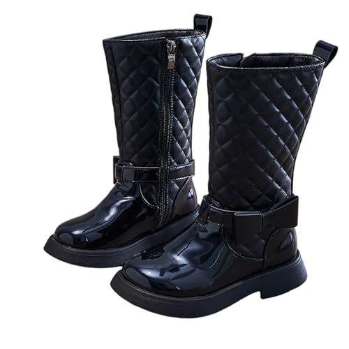 Fashion Plain Knee Length Boots for Girls:Winter Warm Mid Calf Combat Fur Lined Booties Wedding Dress Footwear（Size13,Black