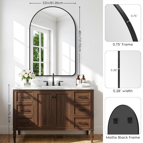 Image of BONEWEI Arched Wall Mirror,32x48 inch Black Arched Mirror Bathroom,Large Vanity Mirror for Over Sink Metal Frame,Tempered Glass Arch Mirrors for Bedroom,Entryway,Living Room,Home Decor Shatter-Proof