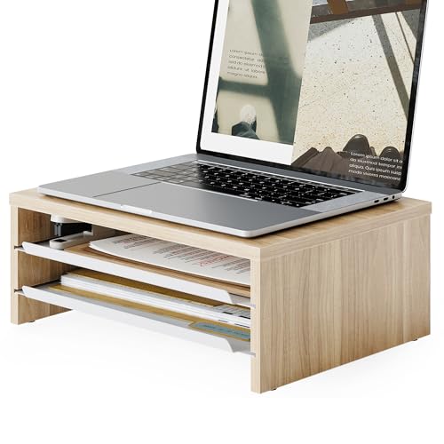 Image of Fenge 42.5Inch Corner Monitor Stand with Drawer, 3-Tier Monitor Riser with Slide-Out Tray