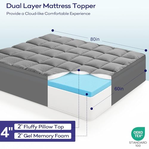 OLANLY Dual-Layer 4 Inch Queen Mattress Topper for Back Pain, 2 Inch Gel Memory Foam Support Base and 2 Inch Cooling Pillow Top Mattress Pad Cover, Plush Pressure Relief, Deep Pocket, Grey by OLANLY - Used condition - Image 2