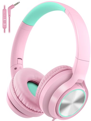Image of Voopwink Kids Headphones with Microphone, Wired Over Ear Headsets with Limited Volume 85dB / 94dB for Boys Girls Teens Children Online School /Travel /iPad /Tablet /Cellphone Pink