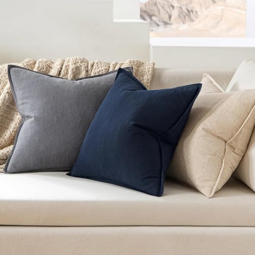 Image of MIULEE Decorative Linen Pillow Covers 24x24 Inch Navy Blue | Boho Farmhouse Neutral Couch Throw Pillows for Bed, Pack of 2 Accent Coastal Modern Pillowcases, Sofa Livingroom Home Decor