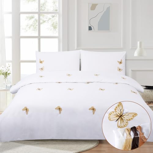 Chlophy Mustard Yellow Butterfly Duvet Cover Embroidered Double White Girls Spring Duvet Sets Luxury Elegant Pretty Kids