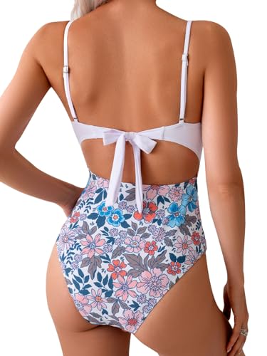 Maillot de bain femme 1 pièce sexy imprimé floral bleu et blanc S-XL