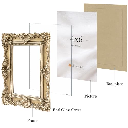 Image of eletecpro 4x6 Vintage Picture Frame with Real Glass Cover, Ornate Antique Photo Frame, Display 4x6 Picture for Tabletop or Wall Hanging Horizontal & Vertical, Gold Home Decor for Gallery Art