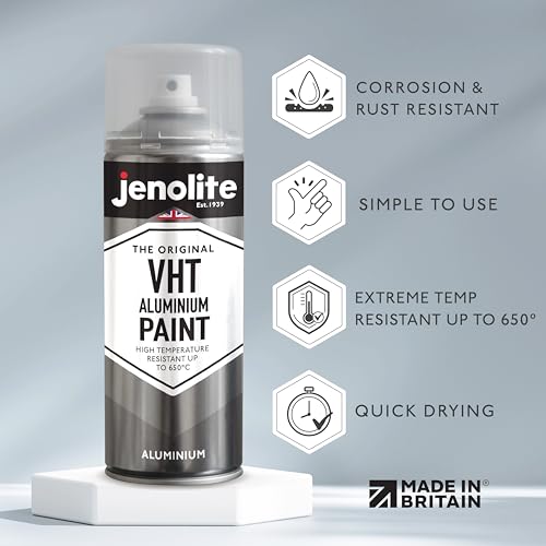 JENOLITE VHT Aluminiumfarbe, mattes Silber, 400 ml (hitzebeständig bis 650 °C, perfekt für den Einsatz im Auto und Bereiche, die hoher Hitze ausgesetzt sind, rost- und korrosionsbeständig)