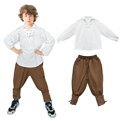 Prebene Boys Medieval Pirate Set Shirt & Ankle Pants Kids Renaissance Halloween Costume Scottish Jacobite Tops and Trousers (White+Brown 8-10T)