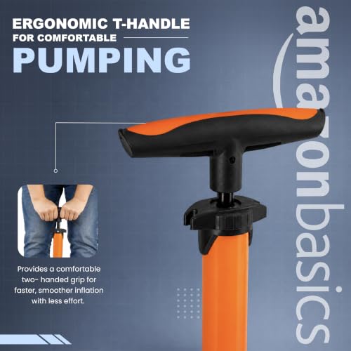 Image of Amazon Basics Portable High-Pressure Bicycle Air Pump | Includes Ball Needle & Air Nozzle | Ergonomic T-Handle | Hand Air Pump for Bicycles, Footballs, Sports Balls & Inflatables | Orange