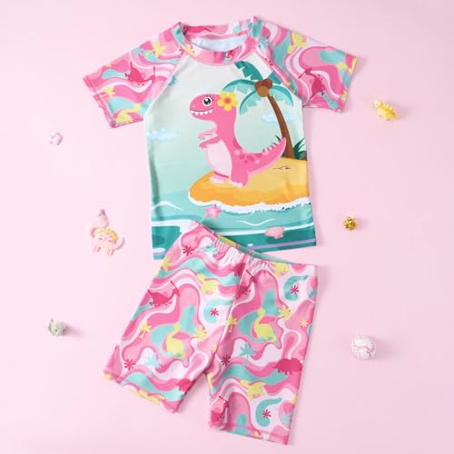 Image of WAWSAM 2 Pieces Girls Rash Guard Toddler Swimsuit Girl Swimsuit Short Sleeve Bathing Suit for 3-6 Years