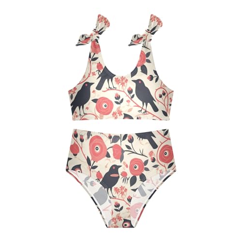 KLL Red Roses with Eyeballs and Black Crows Girls' 2 Piece Bikini Sets Quick-Dry Bathing Suit Swimming Suits Cute Shoulder3