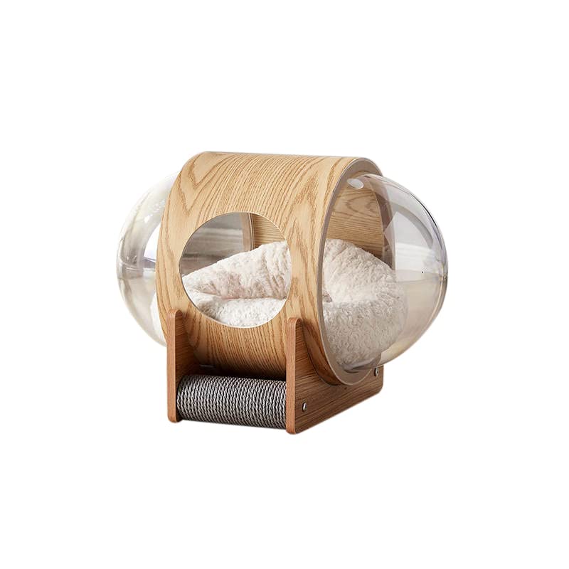 GIUK Monty's - Cama cápsula espacial de madera para gatos, postes rascadores y ropa de cama ultrasuave, individual, color marrón