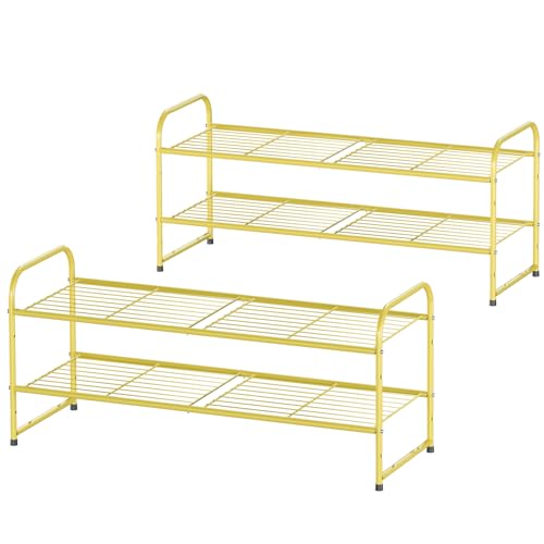 Image of 2 Pack Shoe Rack, 2-Tier Metal Stackable Shoe Shelf Storage Organizer, Heavy Duty Wire Shoe Stand for Entryway, Closet, Hallway, Holds 50 LBS, Gold