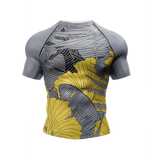 MECH-ENG Mens Graphic Compression Shirts Short Sleeve Quick Dry Athletic Workout Gym Undershirt Running Base Layer Top (Grey and Yellow Small)