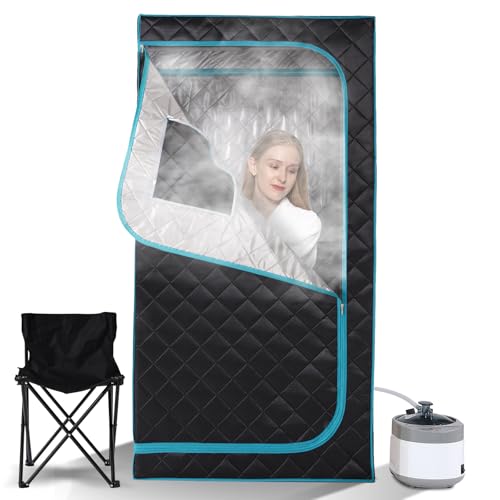 Image of Smartmak Portable Home Steam Sauna, Full Size Personal Sauna Spa Box, Single Saunas Box with Steamer, 4L 1500W Large Steam Generator 99 Min Timer, Remote Control, Upgraded Foldable Chair, Mat, Green