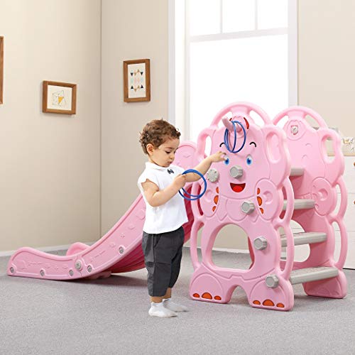 Climber and Slide Set,Toddler Freestanding Plastic Slides , Children's Slide Basketball Frame,Indoor and Outdoor Playground Easy Climb Stairs Playset for Boys and Girl (Pink)