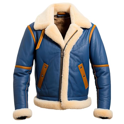 Men’s Royal Blue Beige Genuine Sheepskin Sherpa Shearling Faux Fur